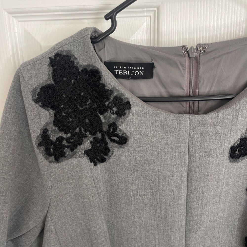 Rickie Freeman Teri Jon Fit & Flare Gray Black Floral Embroidered Dress Size 12 - Picture 2 of 5
